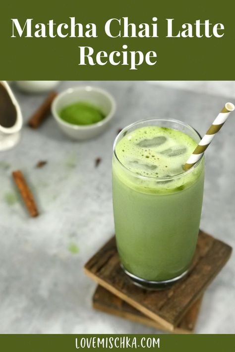 A tall glass of bright green matcha chai tea latte with a gold and white striped paper straw on top of two dark brown wooden coasters next to the three main ingredients of this iced matcha chai latte recipe. Matcha Chai Latte Recipe, Starbucks Chai Tea Latte Recipe, Matcha Tea Latte Recipe, Matcha Latte Starbucks, Chai Latte Starbucks, Chai Tea Latte Starbucks, Best Matcha Tea, Chai Tea Latte Recipe, Matcha Tea Latte