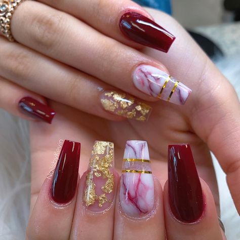 Maroon Red Nail Designs, Red And Marble Nails, Red And Gold Marble Nails, Burgundy And Silver Nail Designs, Nail Designs Green And Gold, Red Marble Nails, Burgundy Acrylic Nails, Acrylic Nail Designs Classy, Feet Nail Design