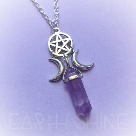 Triple Goddess Necklace, Pentacle Necklace, Amethyst Stone Necklace, Triple Moon Goddess, Crystal Point Necklace, Crystal Goddess, Necklace Moon, Wiccan Jewelry, Goddess Necklace