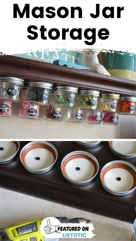 DIY mason jar under-shelf storage. The perfect life hack to save room in small spaces! This simple trick will save you loads of space and help you stay more organized. Perfect for any occasion! Click on the pin to see this idea plus more mason jar crafts featured over on Listotic! #diy #lifehacks #storage Mason Jar Lid Storage Ideas, Diy Mason Jar Crafts, Diy Juice, Jar Projects, Mason Jar Storage, The Perfect Life, Large Mason Jars, Diy Mason Jar, Mason Jar Projects