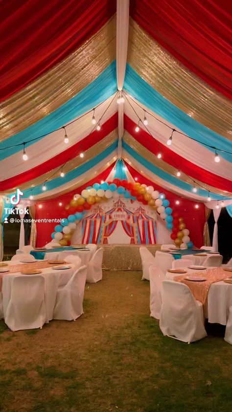 Kevin Lomas’s Instagram post: “Circus 🎪 #circusparty #tentdraping #partyrentals #phoenixaz #lomaseventrentals #summer2022 #tentdecor #showyourjowo” Outdoor Circus Party, Streamer Circus Tent, Diy Circus Tent Backdrop, Circus Tent Party, Circus Tent Ceiling, Circus Tent Diy Plastic Tablecloth, Circus Tent With Table Cloth, Carnival Party Games, Carnival Birthday Theme