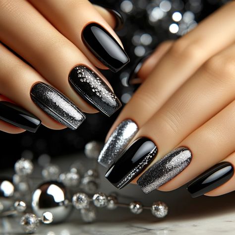 Classy Black And Silver Nails, Gunmetal Silver Nails, Black And Silver Design Nails, Elegant Black Acrylic Nails, Black Glitter Chrome Nails, Black And Silver Marble Nails, Black And Silver Dip Nails, Dark Gray Nails With Design, Black Nails With Bright Colors