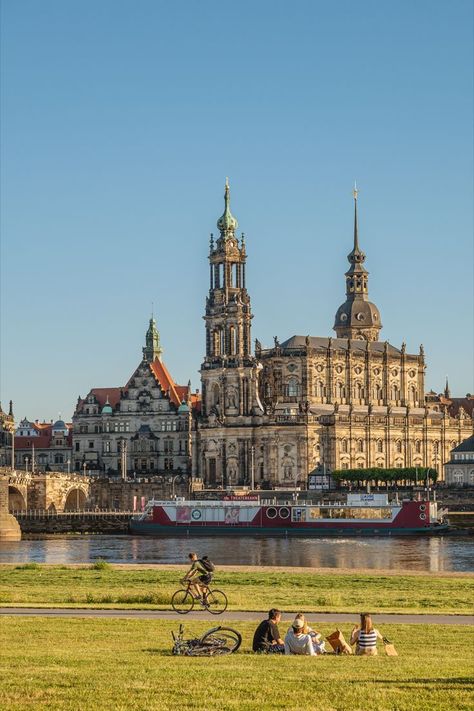 Students enjoy dusk in front the Dresden skyline, Saxony, Germany-Stock Photo Saxony Germany, Dresden Germany, East Europe, Jack Kerouac, Unique Buildings, Saxony, World Cities, Western Europe, Historical Place