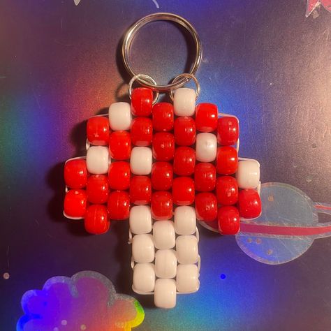 handmade beaded mini mushroom kandi keychain accessory  [2.5 in x 2.25 in] Kandy Bead Ideas, Crafts With Wire And Beads, Mushroom Kandi Tutorial, Mushroom Kandi Pattern, Flower Cuff Kandi, Kandi Shaker Cube, Pony Bead Mushroom, Mushroom Pony Bead Pattern, Easy Things To Sell At Craft Fairs