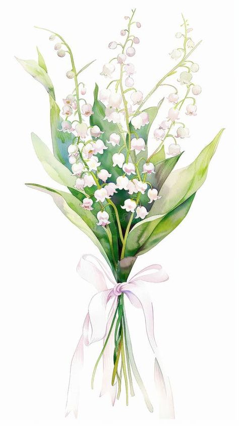 Aesthetic watercolor flowers lily of the valley bouquet tied with ribbon, wedding concept. Invitation. Generative AI stock photography Lily Of The Valley Invitation, Watercolor Lily Of The Valley, Bouquet Lily Of The Valley, Lily Of The Valley Watercolor, Lily Of The Valley Bouquet, Aesthetic Watercolor, Flowers Lily, Wedding Concept, Ribbon Wedding