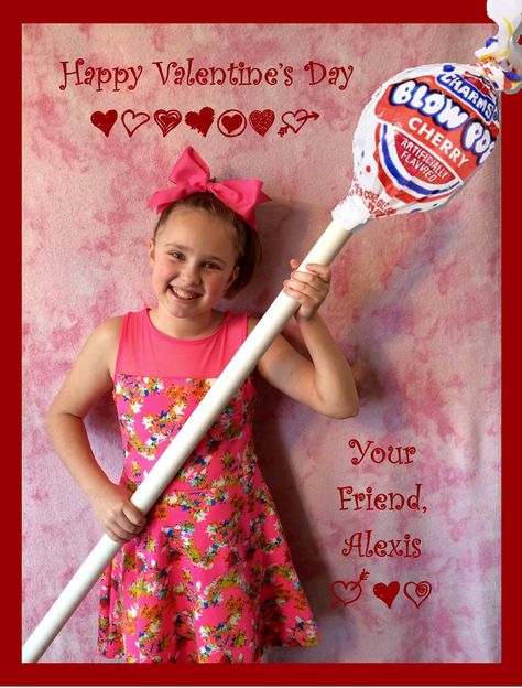 Created my daughter's Valentine Card, she can't wait to hand them out!! Lollipop Valentine's. Picture taken of her holding a PVC pipe and then you slide in the sucker in between the photo and red cardstock that is glued behind the picture. Sucker Valentines, Valentines For Daughter, Valentine Picture, Valentine Card, Pvc Pipe, Slide In, Valentines Diy, Be My Valentine, Lollipop