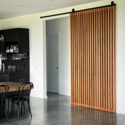 Huuuge Batten Feature Door in Blackbutt installed yesterday for Nicole in her stunning new build. Perfect splash of colour for this space… | Instagram Sliding Slat Doors, Wooden Slider Door Design, Wooden Sliding Door, Sliding Doors Internal, White Staircase, Wooden Sliding Doors, Custom Barn Doors, Slider Door, Timber Panelling