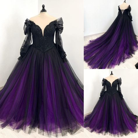 Gothic Black Purple Wedding Dresses Long Sleeves Lace Off Shoulder Bridal Gowns | eBay Plus Size Wedding Dresses Purple, Dark Purple Gothic Dress, Purple Wedding Dresses The Bride, Purple Black Wedding Dress, Purple Gothic Wedding Dress, Dark Purple Prom Dress Long Sleeve, Black Purple Wedding Dress, Black White And Purple Wedding, Purple Wedding Dress The Bride