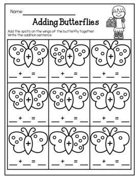 To add the spots on the wings of the butterfly together & write the addition sentences. Spring Worksheets, Learn Mathematics, Kindergarten Spring, Addition Kindergarten, Spring Kindergarten, Kindergarten Freebies, Activity Worksheet, Spring Math, Ten Frames