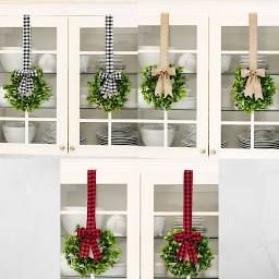 Christmas Window Wreath Ideas, Wreath Hanging From Ribbon, Cabinet Wreaths, Christmas Wreaths For Windows, Hanging Wreaths, Outdoor Christmas Wreaths, Window Wreath, Christmas Window Decorations, Decorative Cabinet