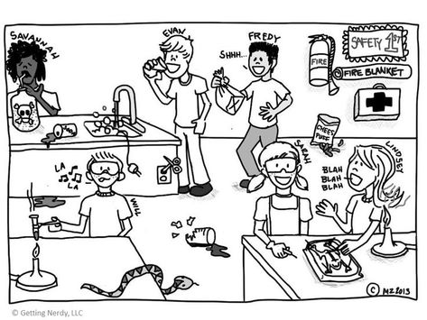 Get students talking about lab safety with a do's and don't's activity - a fun comic of lab safety mishaps they can discuss in groups Safety Cartoon, Science Lab Safety, Lab Safety Rules, Science Safety, Life Science Activities, Lab Safety, Secondary Science, Science Tools, Interactive Science