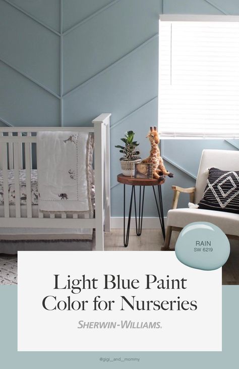 Make your nursery cute-as-can-be with the light blue paint color Rain SW 6219 from Sherwin-Williams. To see this happy hue in your home, tap this pin to order a free color chip. #sherwinwilliams #diy #homedecor #nursery #paint #diyprojects #homeimprovement #blue #babyblue Dolphin Blue Paint Behr, Dusty Blue Accent Wall Nursery, Best Blue Paint For Nursery, Sage Blue Nursery, Light Blue Accent Wall Nursery, She Twin Williams Light Blue, Sw Nursery Paint Colors, Benjamin Moore Blue Nursery, Pale Blue Paint Colors Bedroom