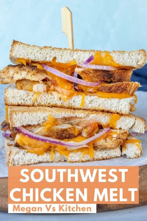 This Southwest Chicken Melt is on another level. Every bite is filled with smokey chipotle chicken and oozing with cheddar cheese. The onion and tomato add a nice pop of fresh acidic flavor. This melt is everything I could possibly want in a sandwich. Chipotle Chicken Melt, Chicken Melt Recipe, Lunch Recipies, Chicken Melt, Easy Winter Recipes, Chicken Melts, Melt Recipe, Southwest Chicken, Weekday Meals