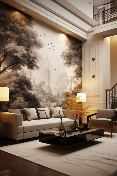 This living room features a stunning wall mural of a river, rendered in a hyper-detailed and realistic style. The sumi-e style and layered translucency evoke a sense of traditional Chinese artistry, while the monochromatic color palette of dark gray and light beige adds a modern touch. The room is flooded with natural light, highlighting the intricate details of the mural. #ChineseArt #LivingRoomMural #ModernTraditional #InteriorDesign Living Room Mural, Traditional Meets Modern, Living Room Murals, Monochromatic Color Palette, Mural Design, Sumi E, Modern Traditional, Traditional Chinese, Chinese Art