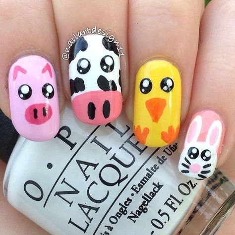 #Nails #NailArt #NailPolish #Polish #Art #Vegan #Wildlife #Marine #Farm #Animals #NailColors #CrueltyFree #Rabbits Nail Art Animals, Farm Animal Nails, Pig Nail Art, Pig Nails, Bird Nail Art, Animal Nail Designs, Nail Art For Kids, Kutek Disney, Animal Nail Art