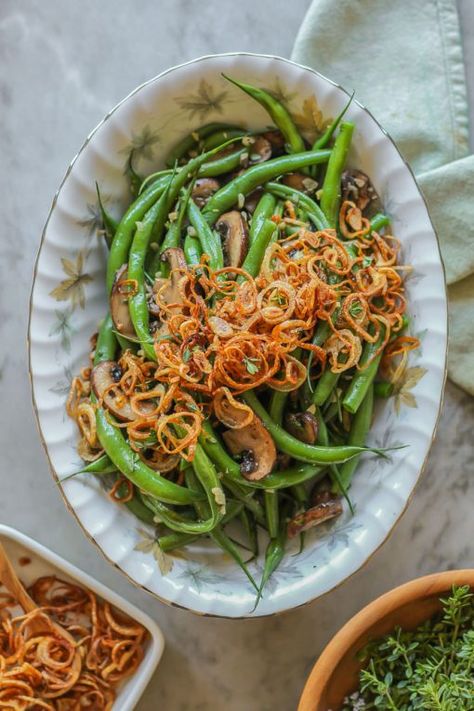 Mushroom Green Beans, Green Beans With Mushrooms, Shallots Recipe, Green Beans Side, Crispy Green Beans, Shallot Recipes, Thanksgiving Salad Recipes, Green Beans Mushrooms, Celery Salad