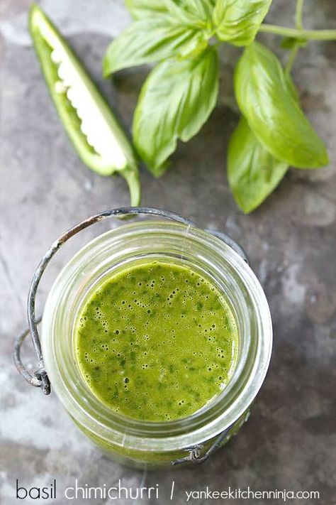 Basil chimichurri sauce Basil Chimichurri Sauce, Basil Chimichurri, Amazing Dips, Heart Kitchen, Simple Syrups, Chimichurri Recipe, Dry Rubs, Kitchen Staples, Seasoning Blends