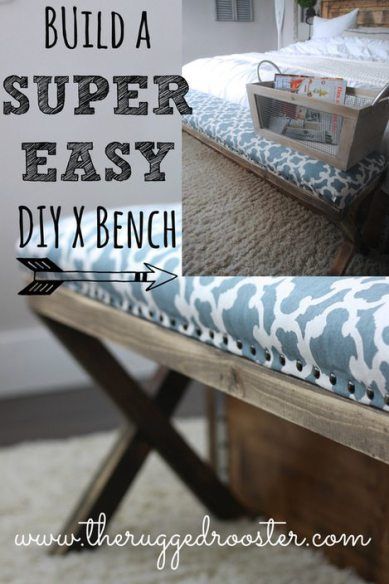 Build a super easy DIY x Bench Like this upholstery for top of chest Wood Projects For Beginners, Diy Posts, Diy Bench, Bed Bench, Woodworking Bench, Upholstered Bench, Easy Woodworking Projects, Diy Hacks, Diy Wood Projects