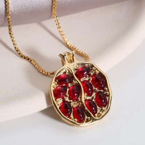 Persephone Party Theme, Garnet Jewelry Necklaces, Pomegranate Seed Jewelry, Got Jewelry, Persephone Decor, Gold And Red Necklace, Pomegranate Accessories, Fig Necklace, Persephone Crown