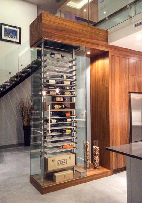 Wine Cellar divides living room from the kitchen. Small Wine Cellar, Wine Corner, Wine Cellar Wall, Cellar Ideas, Glass Wine Cellar, Diy Rack, Wine Closet, Closet Diy, Home Wine Cellars