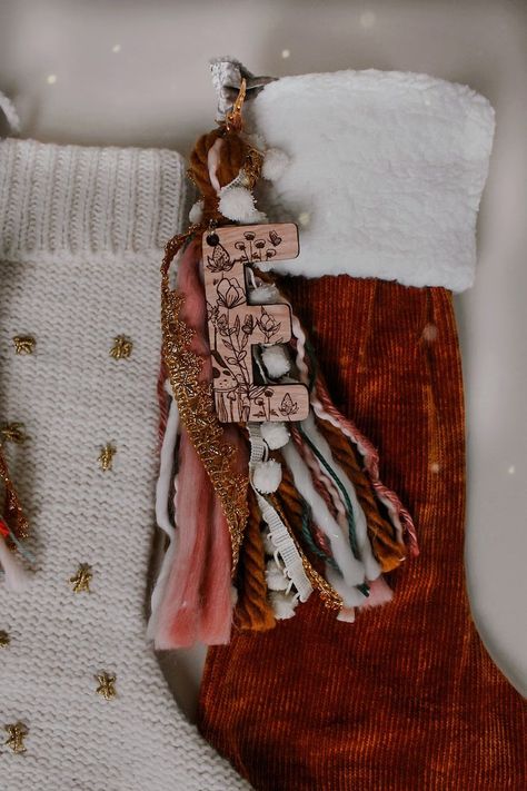 Stocking Tassels, Stocking Game, Christmas Booth, Decorated Stockings, Wooden Initials, Diy Stockings, Initials Ornament, Winter Onederland, Boho Christmas