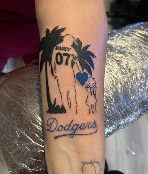 My dad me aand the Dodgers 💙 Dodger Tattoos For Women, Bubby Tattoo, Dodger Tattoo, Dodgers Tattoo, Rip Tattoo, Mark Tattoo, Fan Tattoo, Mom Tattoo, Meaningful Tattoo