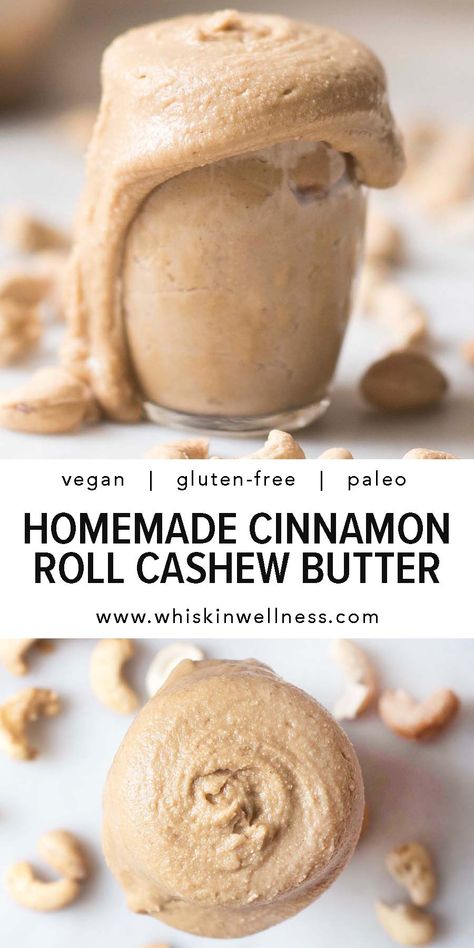 Whip up this creamy cashew butter that tastes just like a sweet, gooey cinnamon roll for a treat that's vegan, gluten-free, and paleo. Cashew Butter Recipe, Homemade Cinnamon Roll, Nut Butter Recipes, School Meals, Nutritious Recipes, Cashew Butter, Grass Fed Butter, Peanut Free, Vegan Sweets