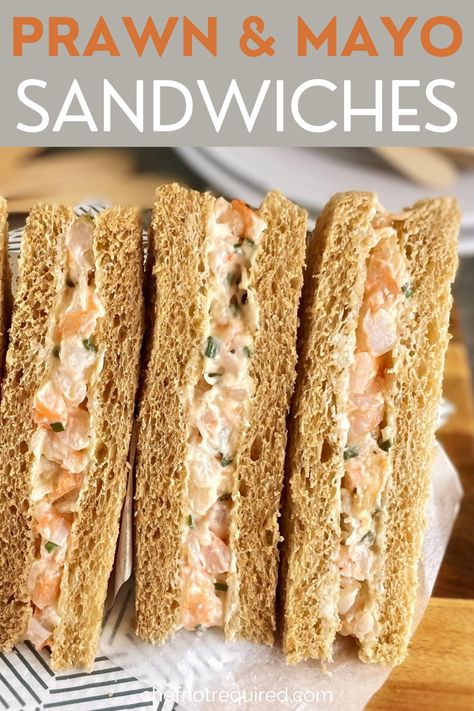 Sandwiches with prawn filling on a wooden board with napkins. Prawn Mayo Sandwich, Shrimp Sandwich Recipes, Prawn Sandwich, Salad Filling, Marie Rose Sauce, Mayo Sandwich, Rolled Sandwiches, Prawn Salad, Shrimp Sandwich