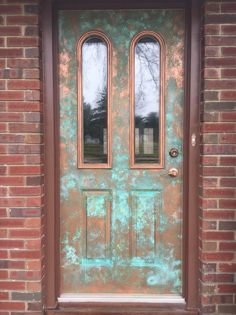 Painting A Metal Door, Distressed Front Door, Copper Front Door, Paint My Front Door, Painted Exterior Doors, Copper Door, Copper House, Drawing Challenges, Turquoise Front Door