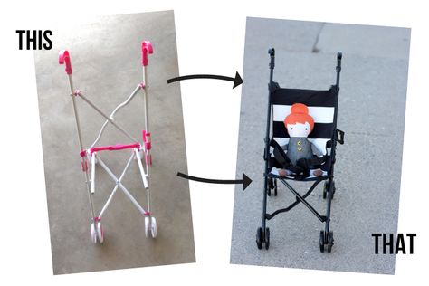 Baby Doll Stroller Make Over Tutorial Diy Doll Stroller, Diy Dolls Pram, Toy Makeover, Baby Doll Furniture, Baby Doll Strollers, Dolls Ideas, Doll Stroller, Diy Barbie House, Pram Toys