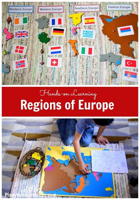 Study on the regions of Europe from The Pinay Homeschooler Europe Day School Activities, Continent Boxes, Montessori Work, Geography Project, Europe Day, Montessori Teacher, Montessori Geography, Geography For Kids, Geography Activities