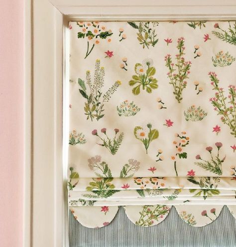 Detail of scalloped Roman shade in a lovely interior by M. E. Beck Design. Woven Blinds, Eclectic Nursery, Fabric Roman Shades, Timeless Home, Cottage Style Decor, Green Paint Colors, Classic Interior Design, Rustic Stone, Home Makeover