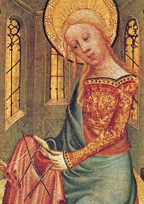 "Madonna knitting Christ's seamless garment", Meister Bertram von Minden (1335-1415). Medieval Occupations, Sculpture Textile, Ancient Tomb, Knitting Group, Medieval Life, Blackwork Embroidery, Knit Art, The Virgin Mary, Tableau Art