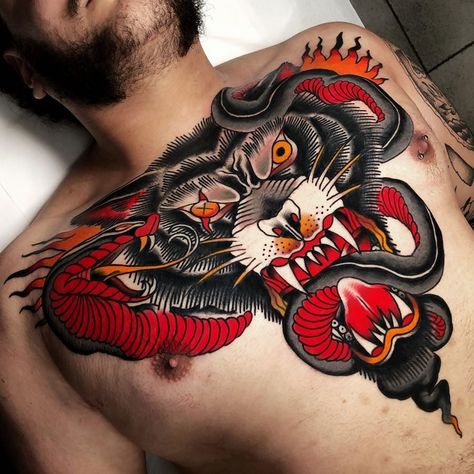 Wolf & Snake Chest Piece Small Tattoos Traditional, Traditional Chest Tattoo, Tattoo Ideas Minimalist, Traditional Chest, Tattoos Traditional, Tattoos Mandala, Cool Chest Tattoos, Pieces Tattoo, Geometric Tattoos