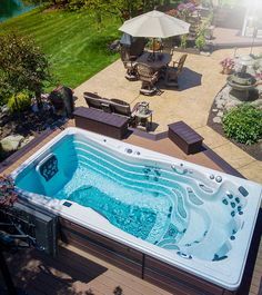 Swim Spa Prices, Swim Spa Deck, Swim Spa Landscaping, Outdoor Swim Spa, Spa Landscaping, Backyard Spa, Hot Tub Swim Spa, Endless Pool, Hot Tub Backyard