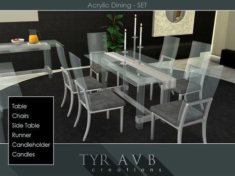 Sims 4 — Acrylic Dining Set by TyrAVB — This ultra modern dining set will impress all of your friends and turn green all Dinning Room Furniture, Acrylic Dining Chairs, Glass Chair, Sims 4 Kitchen, Industrial Style Furniture, Casas The Sims 4, Sims 4 Cc Furniture, Large Dining Table, Dining Sets Modern