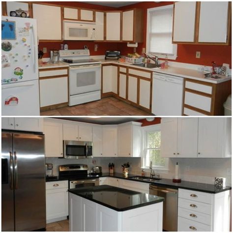 kitchen befor/after Painting Laminate Kitchen Cabinets, Kitchen Renos, House Transformation, Laminate Kitchen Cabinets, Cheap Bathroom Remodel, Painting Laminate, Cheap Bathroom, Diy Kitchen Projects, Dc Fix