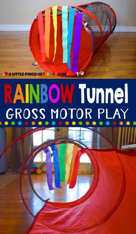 Sensory RAINBOW TUNNEL an Easy Gross Motor Kids Activity - Learn how to make a Rainbow Tunnel for kids to crawl through and play. #preschool #toddler #kidsactivity #sensoryplay Gross Motor Weather Activities Preschool, Weather Gross Motor Activities, Rainbow Sensory Bags, Color Gross Motor Activities, Gross Motor Outdoor Activities, Crawling Activities For Preschool, Color Theme Activities For Infants, Rainbow Outdoor Activities, Baby Gross Motor Activities