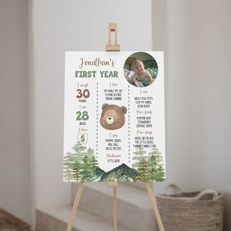 Capturing Milestone Memories: First Birthday Sign Ideas Woodland First Birthday, Baby Handprint Crafts, First Birthday Milestone, Birthday Milestone Board, First Birthday Posters, Vintage Woodland, Milestone Stickers, Milestone Pictures, Woodland Bear