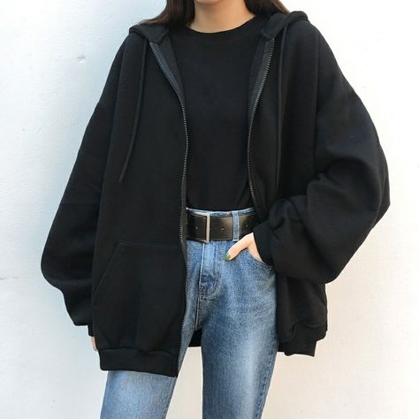 Korean Oversized Outfit, Zipper Sweater Outfit, Hoodie Outfit Aesthetic, Hoddies Outfits, Black Jacket Outfit, 2000s Clothing, Zipper Hoodies, Buy Hoodies, Winter Fashion Outfits Casual