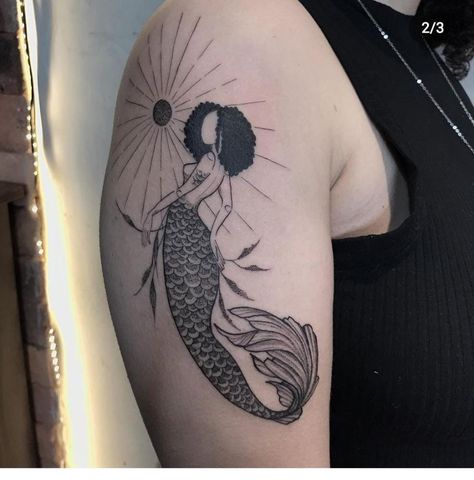 Mermaid With Curly Hair Tattoo, Black Mermaid Tattoo Designs, Curly Hair Mermaid Tattoo, Mermaid Tattoos Thigh, Black Mermaid Drawing, Tobe Nwigwe Aesthetic, Mermaid Sleeve Tattoo, Afro Mermaid Tattoo, Yemaya Orisha Tattoo