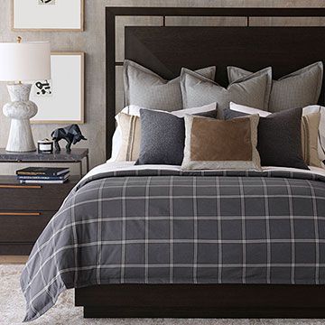 Masculine Bedding For Men, Masculine Bedroom Bedding For Men, College Boy Bedroom, Cozy Master Bed, Teen Boy Bed, Teen Boys Bedding, Black And Grey Bedding, Neutral Boys Room, Boys Industrial Bedroom