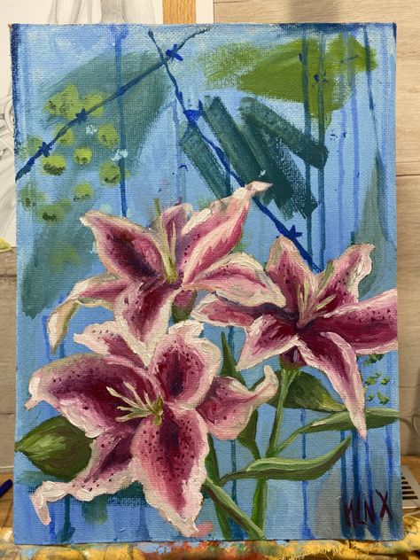 Blue Lily Painting, Blue Lilies, Pink Lily Flower, Pink Flower Painting, Bouquet Art, Painting Of Flowers, Lily Painting, Instagram Painting, Flowers Instagram