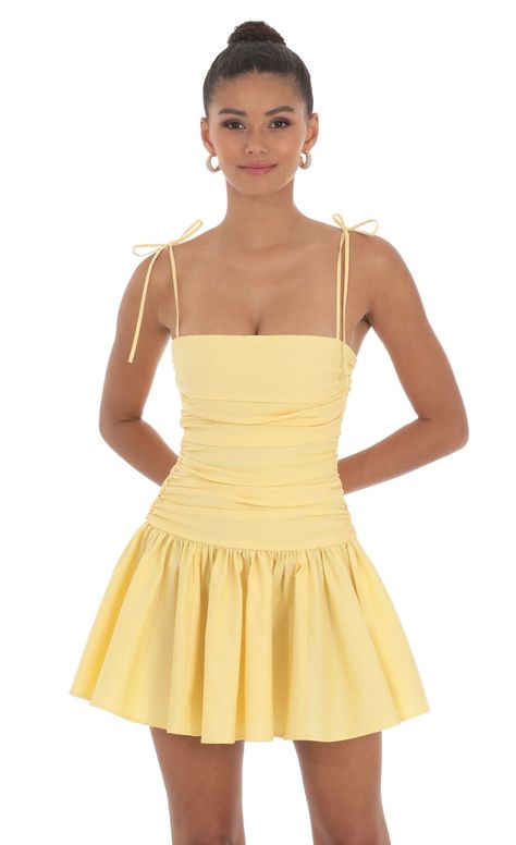 Ruched Fit and Flare Dress in Yellow | LUCY IN THE SKY Hoco Dresses Yellow, Yellow Hoco Dress, Yellow Homecoming Dresses, Cute Formal Dresses, Cute Homecoming Dresses, Yellow Mini Dress, Rush Dresses, Pretty Prom Dresses, Grad Dresses