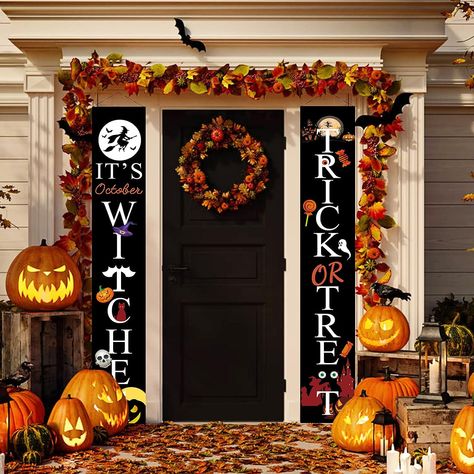 Add alittle spice to your front door by hanging these signs to greet your trick or treaters. Only purchace once and use it for years!! Outdoor Fall Decor Ideas, Halloween Porch Sign, Happy Halloween Banner, Halloween Baby Shower Theme, Halloween Witch Decorations, Porch Welcome Sign, Halloween Porch Decorations, Halloween Front Porch, Halloween Banner