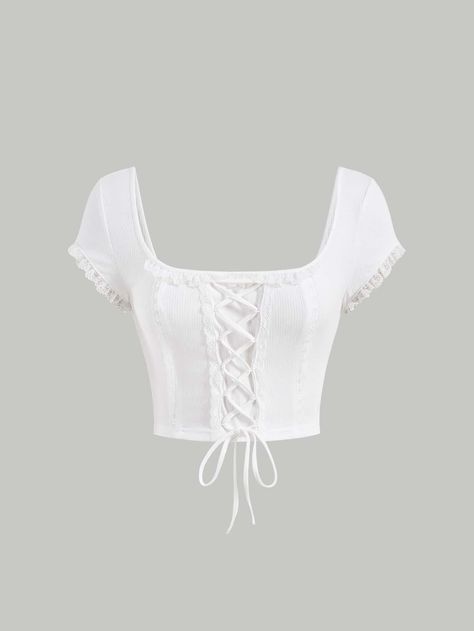 SHEIN MOD Lace Up Front Frill Trim Crop Tee | SHEIN USA Cute White Shirt, Cute White Shirts, Modest Spring Outfits, Crop Top Outfits, Closet Fashion, Fairy Dress, Women T Shirts, Feminine Outfit, Really Cute Outfits