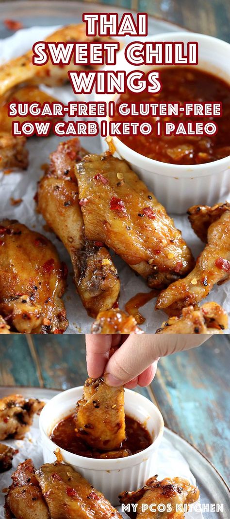 Sweet Chili Thai Chicken Wings - My PCOS Kitchen - Delicious low carb, paleo and keto Asian chicken wings/ #keto #chickenwings #paleo #thaifood #sugarfree #glutenfree Chili Thai Chicken, Thai Chicken Wings, Sweet Chili Wings, Chili Wings, Asian Chicken Wings, Recetas Keto, Asian Chicken, Almond Joy, Thai Chicken