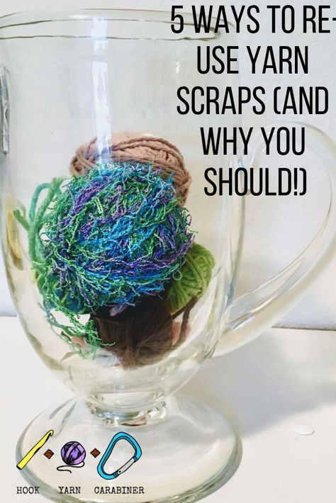 Wondering what to do with your yarn scraps? Don't throw them away! Here are five ways to use those scraps. Re-use, reduce, recycle! Let's all cut down on our yarn waste and work on re-using our yarn. Pattern round-up. Hookyarncarabiner.com #hookyarncarabiner #yarnscraps #how-to #scrapghan #yarn #re-use #tipsandtricks #tips #reduce #recycle Waste Yarn Projects, Yarn Hacks, What To Do With Yarn Scraps, Yarn Scraps, Yarn Scrap Projects, Scrap Fabric Yarn How To Make, Scrap Busting Crochet Patterns, Crochet Scrap Yarn Amigurumi, Use Up Yarn Scraps Crochet