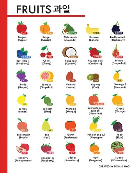 Fruits In Korean, Korean Flashcards, Learning Hangul, Korean Poster, Korean Learn, Korean Vocab, Learning Korean Grammar, Learn Basic Korean, Korean Vocabulary