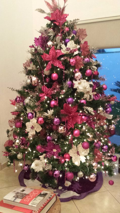 Christmas tree. Silver, purple, magenta.... Love it! Red Pink Purple Christmas Tree, Fuschia Christmas Decor, Aka Christmas Tree, Purple And Pink Christmas Tree, Pink Purple Christmas Tree, Magenta Christmas Tree, Pink And Purple Christmas Tree, Mcbling Christmas, Purple And Gold Christmas Tree